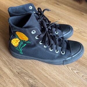 Converse Black High-Top Sneakers with Floral Embroidery